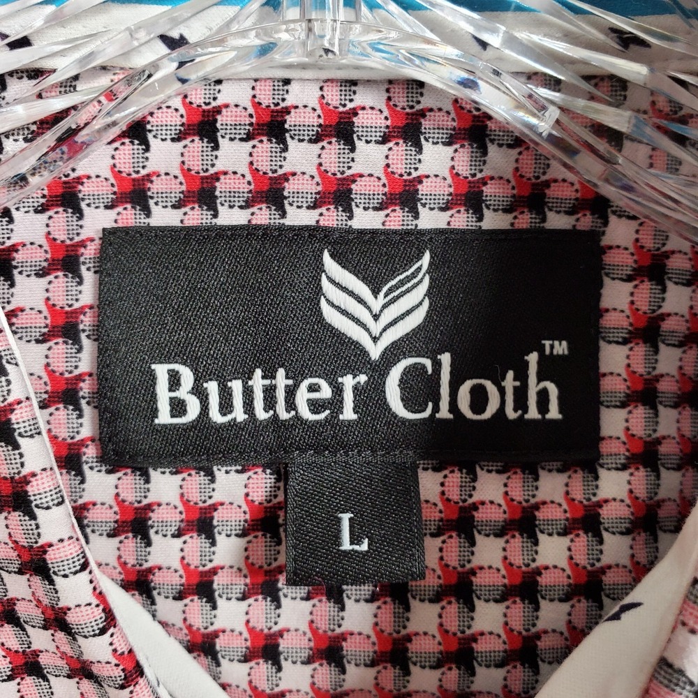 Butter Cloth Shirt Mens L Pink Red Tonal Geometric All Over Print‎ Flip Cuff - Picture 7 of 8